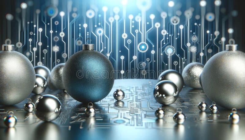 Futuristica tecnologia lo sfondo natalizio con gli ornamenti generati dall'aii illustrazione di stock