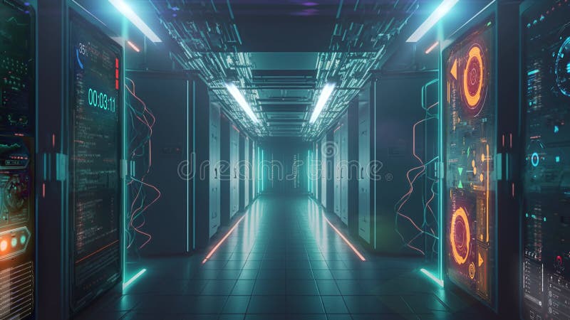 Futuristico con una lunga e moderna sala server, questo video offre uno scorcio della tecnologia che rende possibile l'installazio illustrazione vettoriale
