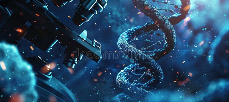 Futuristico dna doppia elica e microscopio in un laboratorio ad alta tecnologia illustrazione vettoriale