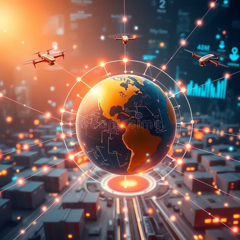 A futuristik of a logistic network, with a globe surrounded by interconnected lines and nodes, Automated warehouses, shipping stock image
