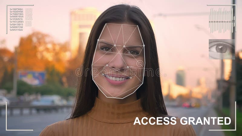 Futuristisch en technologisch aftasten van het gezicht van een mooie vrouw voor gezichtserkenning en afgetaste persoon