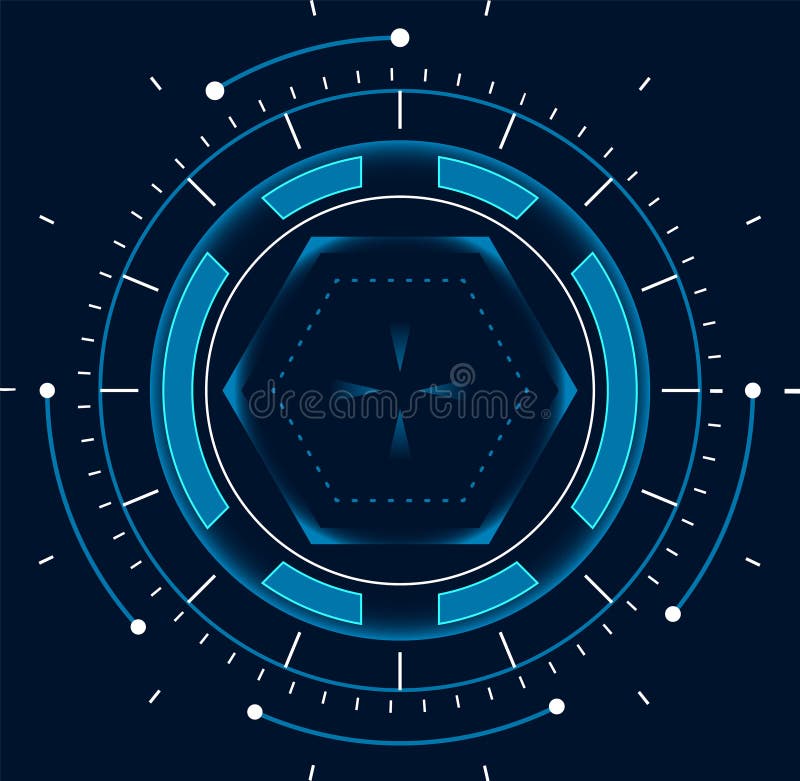Futuristisch leuchtend blaue sechseckige Form in der Mitte, umgeben von kreisförmigen Elementen und geometrischen Mustern stock abbildung