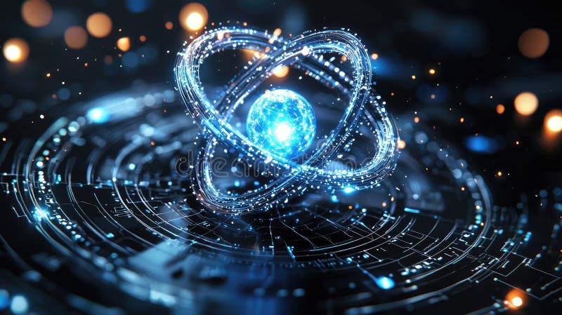 Futuristisch leuchtende Atomstruktur mit blauen Energiepartikeln und Schaltmustern lizenzfreie abbildung
