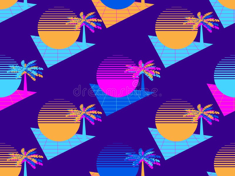 Futuristisch palm en zon naadloos patroon Synthwave retro achtergrond de jaren '80stijl Retrowave Vector royalty-vrije illustratie Futuristisch palm en zon naadloos patroon Synthwave retro achtergrond de jaren '80stijl Retrowave Vector royalty-vrije illustratie