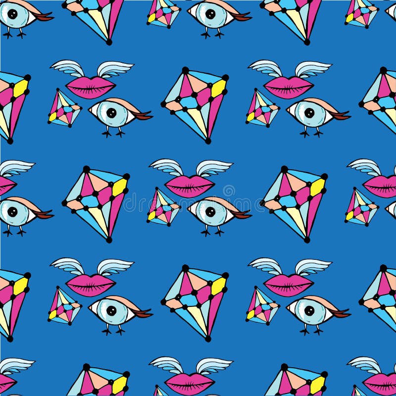 Futuristisch vogeloog en lippenpatroon met vleugels en stenen en verschillend op blauw royalty-vrije illustratie Futuristisch vogeloog en lippenpatroon met vleugels en stenen en verschillend op blauw royalty-vrije illustratie
