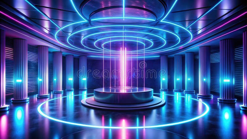 Futuristisch zylindrischer Flur mit Neonbeleuchtung und erhöhter Plattform für die Produktdarstellung. Generative AI lizenzfreie abbildung