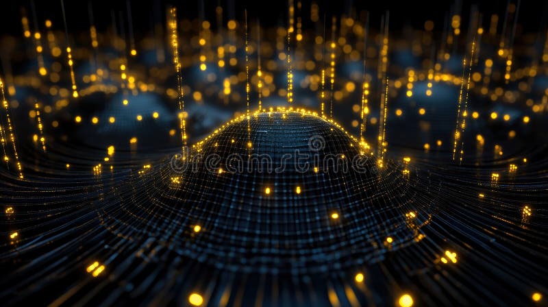 Futuristische abstrakte digitale Landschaft mit einem Netz leuchtender goldener Datenpunkte, die eine dynamische und miteinander v lizenzfreie abbildung