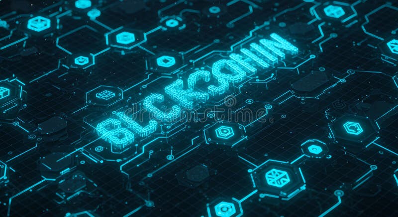 Futuristische Blockchain Titel auf einem digitalen PCB Hintergrund lizenzfreie abbildung