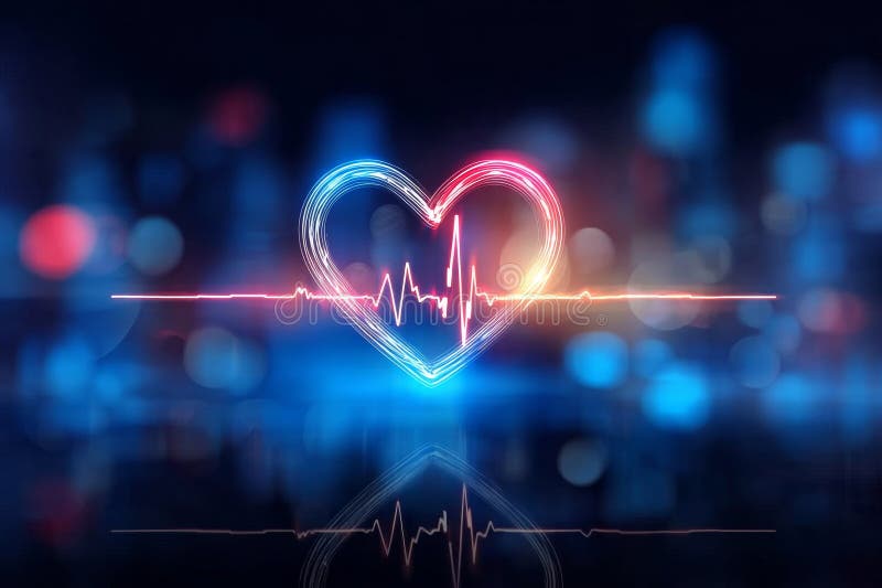 Futuristische Cardio Überwachung mit neonataler Heartbeat Outline über leuchtend blaues Hintergrunddesign stock abbildung