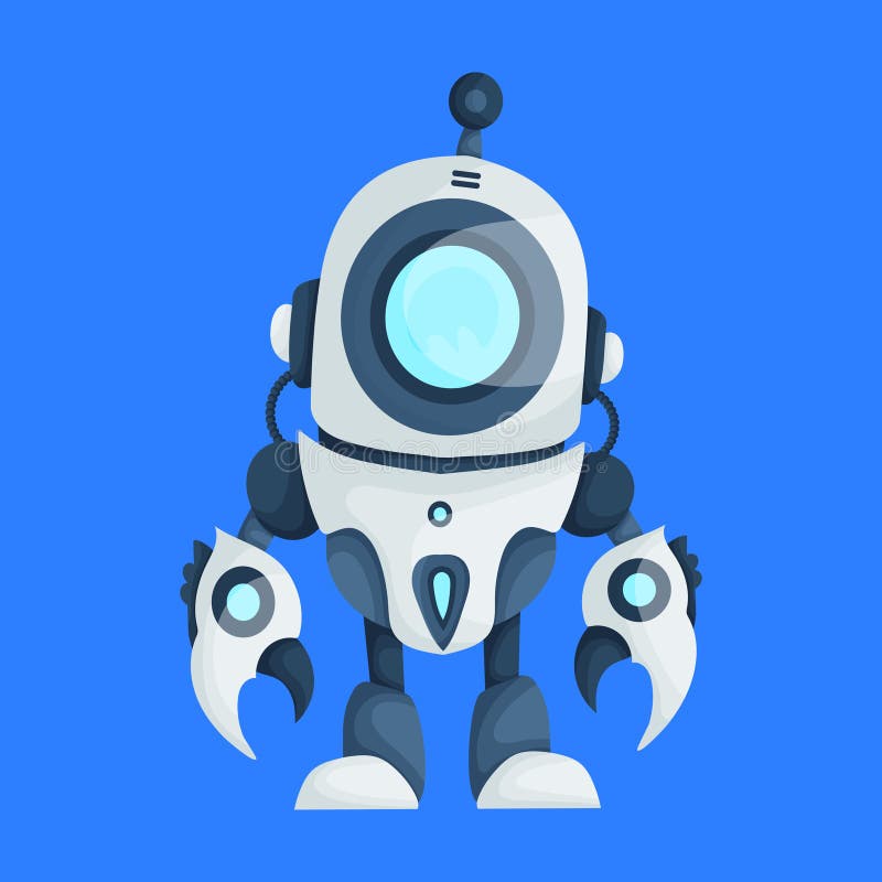 Futuristische Cartoon Roboter-Illustration mit kalkartigen Händen, einem kreisförmigen Bildschirm und einer Antenne gegen eine lizenzfreie abbildung