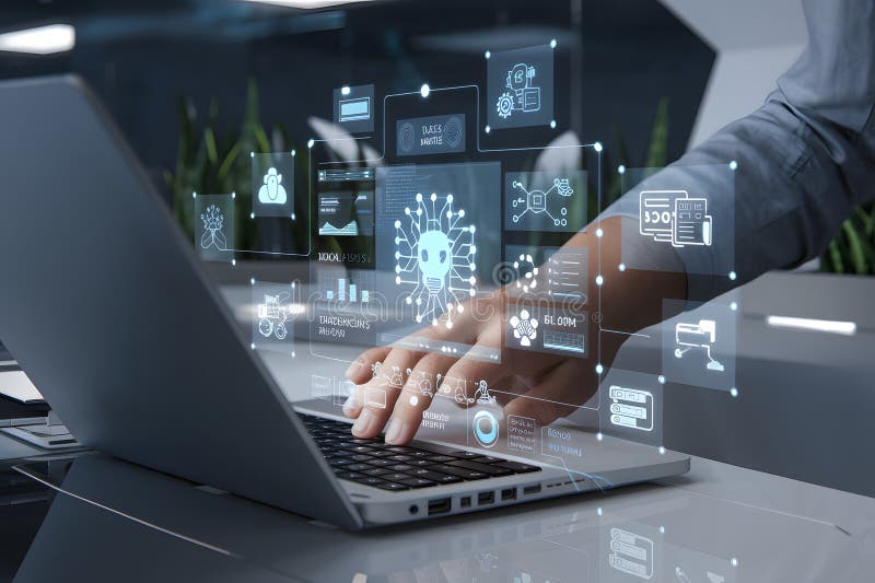 Futuristische Coder: Neon Stadsgezicht, Holografische Interface, Programmeren, Software Ontwikkeling, Cyberpunk, Sci-Fi, Digitale stock illustratie