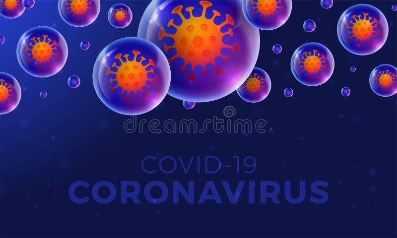 Futuristische Coronavirus oder des Netzes covid19 Fahnenschablone mit glühender Viruszelle auf realistischem glattem Ball auf dunk lizenzfreie abbildung
