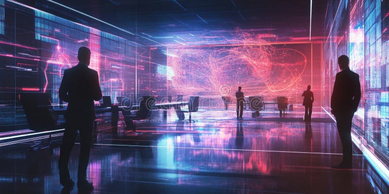 Futuristische Corporate Meeting Space Innovation und Zusammenarbeit in einem High Tech Umfeld visualisiert. lizenzfreie abbildung