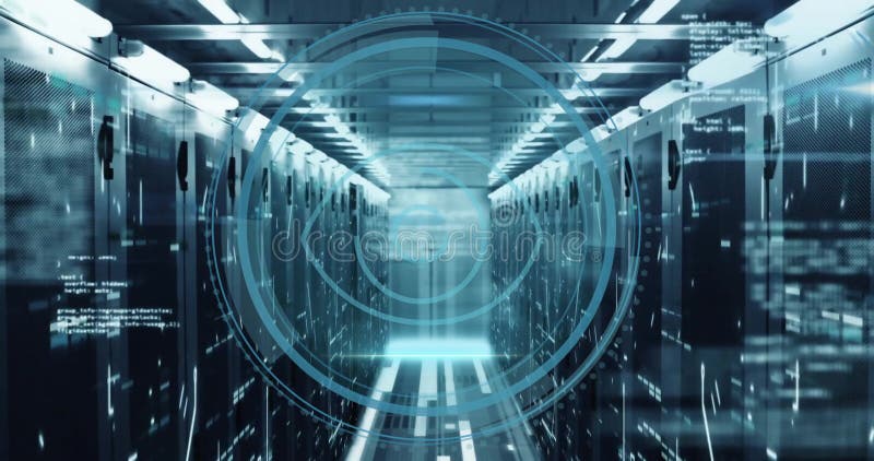 Futuristische Datenverarbeitung Animation über Server-Racks im Technologiezentrum stock footage