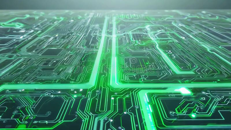 Futuristische Digital Green Circuit Board mit glühenden Linien und miteinander verbundenen Wegen. Konzept der Technologieinnovatio lizenzfreie abbildung