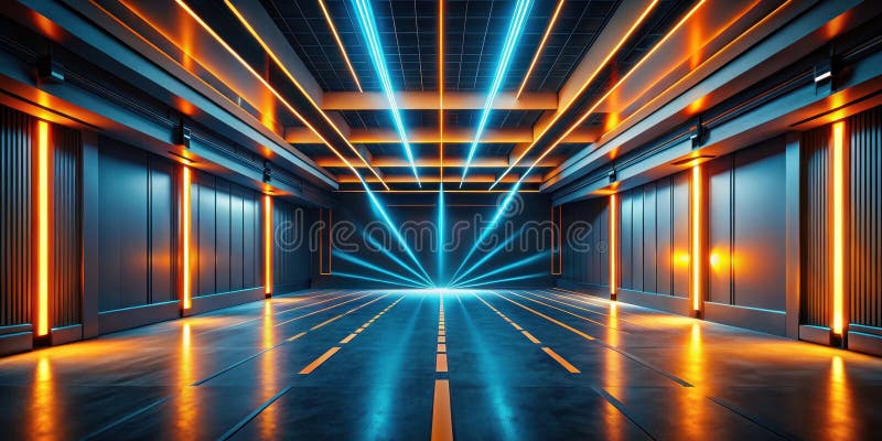 Futuristische Garage mit lebhafter Neonbeleuchtung und glänzenden Metallwänden. Generative AI stock abbildung