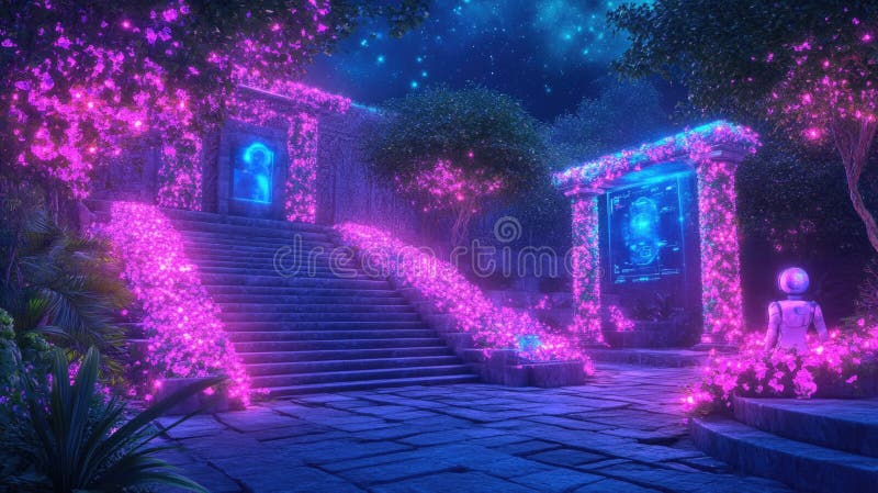 Futuristische Gartenoase mit Neonblumen und geheimnisvollen Portalen unter Sternenhimmel stockfotografie