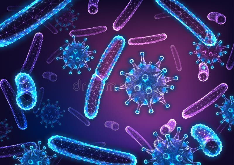 Futuristische Glühbirne mit tiefem polygonalen abstrakten Hintergrund mit Bakterien und Grippeviruszellen