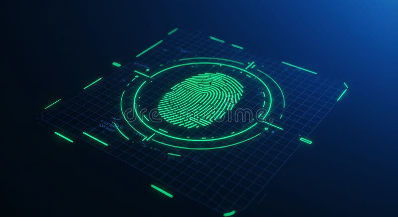 Futuristische grüne Fingerabdruckprüfung auf dunklem blauen Bildschirm vektor abbildung