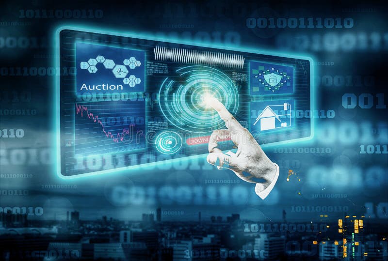 Futuristische Hände von Geschäftsmännern berühren den Schnittstellenschirm mit Ikonen und Informationen über on-line-Auktionen mi lizenzfreies stockbild Futuristische Hände von Geschäftsmännern berühren den Schnittstellenschirm mit Ikonen und Informationen über on-line-Auktionen mi lizenzfreies stockbild