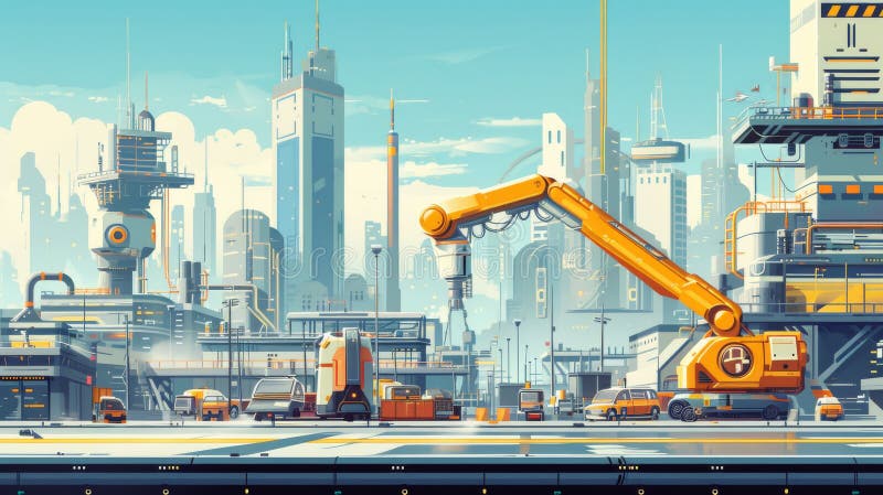 Futuristische Industriestadt mit robotischer Automatisierung. Eine Hightech-Industriestadt mit massivem Roboterarm, der an einer futuristischen Anlage arbeitet. Die Szene zeigt moderne Automatisierung moderne Infrastruktur und wissenschaftliche Ästhetik. AI generiert.