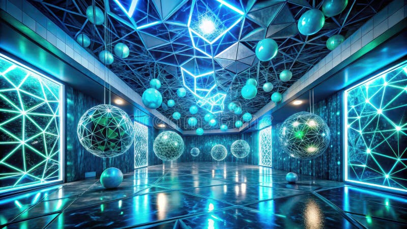 Futuristische Innenarchitektur mit leuchtenden geometrischen Kugeln und Neonakzenten. Generative AI vektor abbildung