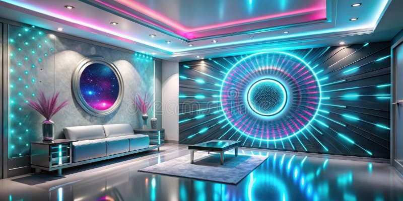 Futuristische Lounge mit Neonakzenten und kosmischem Wandgemälde mit einem Schlafsofa und modernem Couchtisch. Generative AI lizenzfreie abbildung