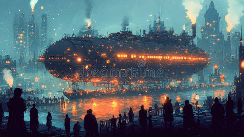 Futuristische Luftschiff über eine Steampunkstadt in der Nacht lizenzfreie abbildung
