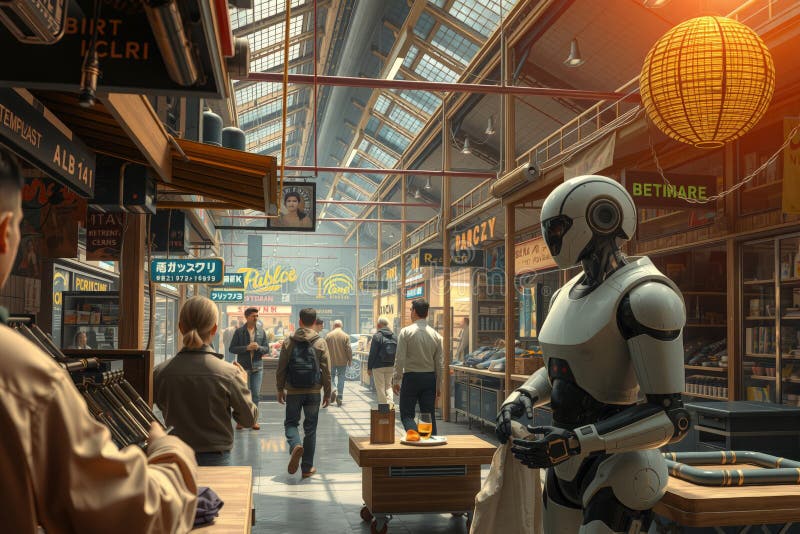Futuristische Marktszene mit humanoidem Roboter, der mit Shoppern unter Glasdach interagiert und eine Mischung aus Technologie und lizenzfreie stockfotos