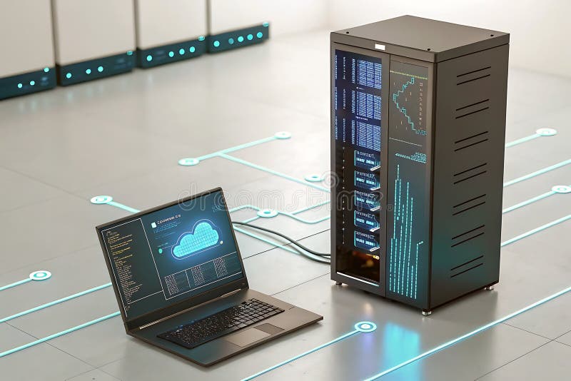 Futuristische Micro Data Center Verarbeitung von Daten in der Nähe von Laptop verbunden mit Cloud-Servern mit minimalistisch blaue vektor abbildung