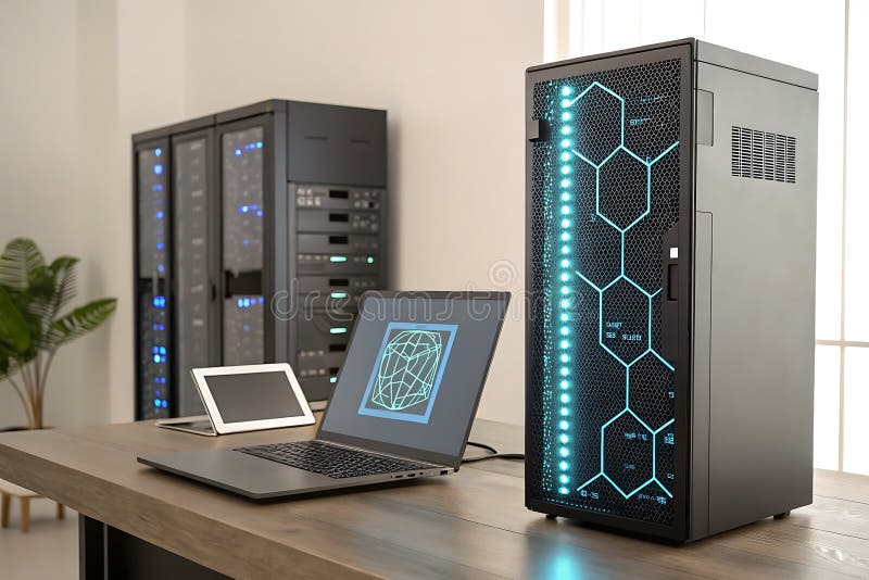 Futuristische Micro Data Center Verarbeitung von Daten in der Nähe von Laptop verbunden mit Cloud-Servern mit minimalistisch blaue stock abbildung
