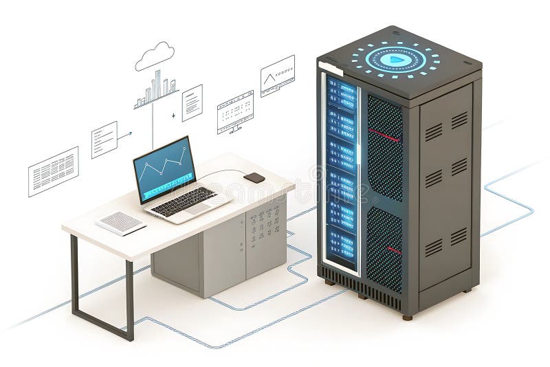 Futuristische Micro Data Center Verarbeitung von Daten in der Nähe von Laptop verbunden mit Cloud-Servern mit minimalistisch blaue vektor abbildung