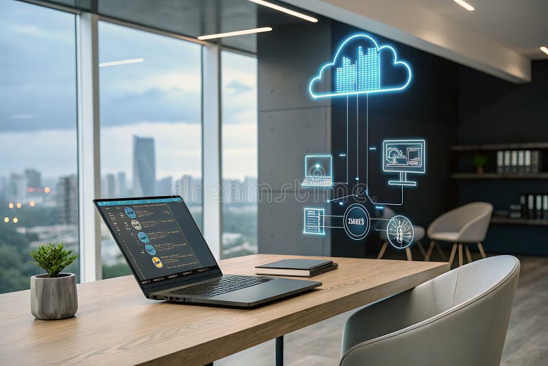 Futuristische Micro Data Center Verarbeitung von Daten in der Nähe von Laptop verbunden mit Cloud-Servern mit minimalistisch blaue vektor abbildung