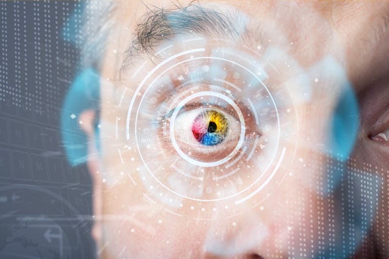 Futuristische moderne cybermens met het oogpaneel van het technologiescherm royalty-vrije illustratie Futuristische moderne cybermens met het oogpaneel van het technologiescherm royalty-vrije illustratie