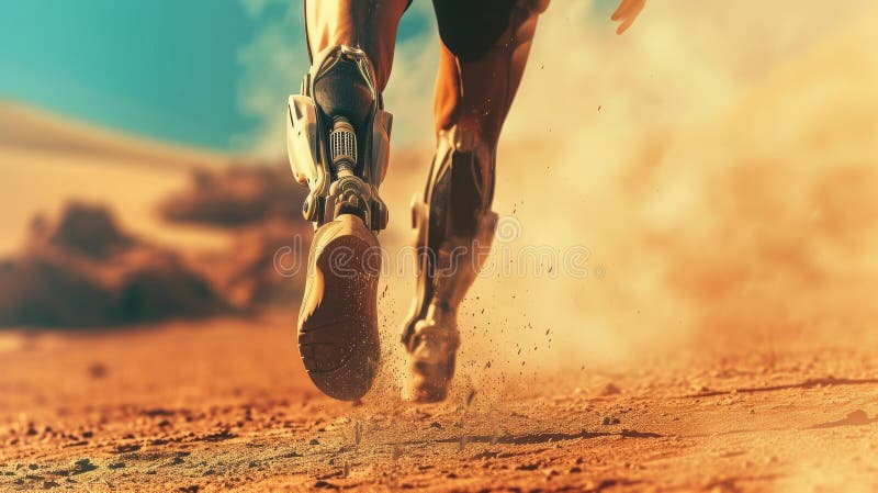 Futuristische robotische Prothese in Wüste lizenzfreies stockbild