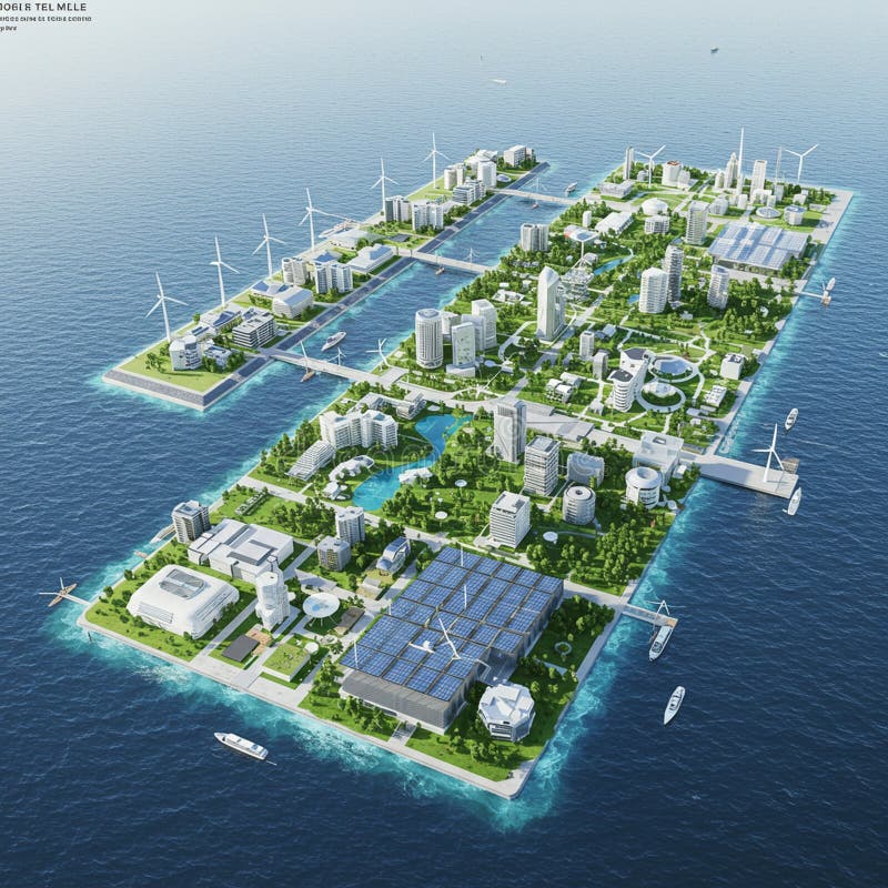 Futuristische schwimmende Stadt mit grillähnlichen Strukturen auf einem weiten Ozean. vektor abbildung
