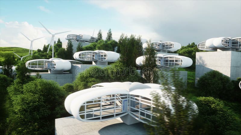Futuristische stad, dorp Het concept de toekomst Lucht Mening Realistische 4K animatie stock footage Futuristische stad, dorp Het concept de toekomst Lucht Mening Realistische 4K animatie stock footage