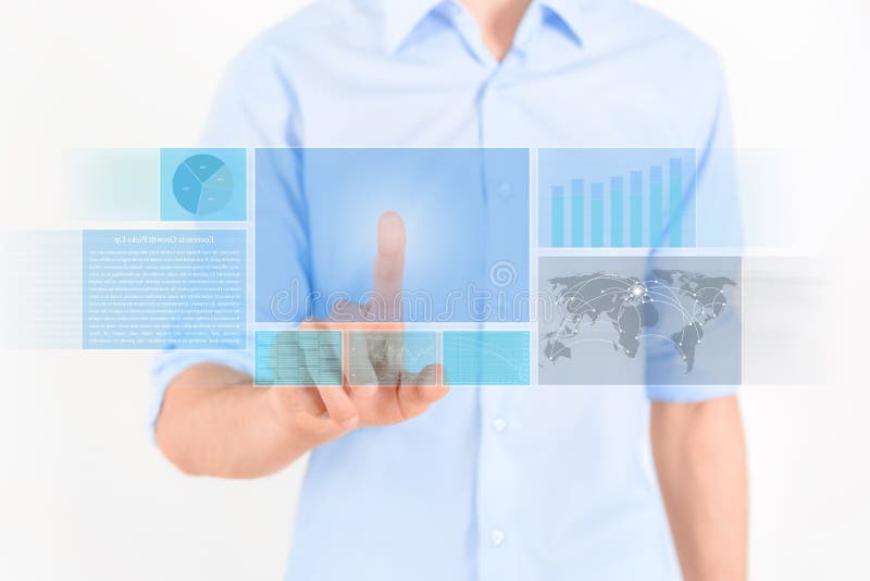 Man touching futuristic touchscreen interface with some graphic, charts and news. on white. Man touching futuristic touchscreen interface with some graphic, charts and news. on white.