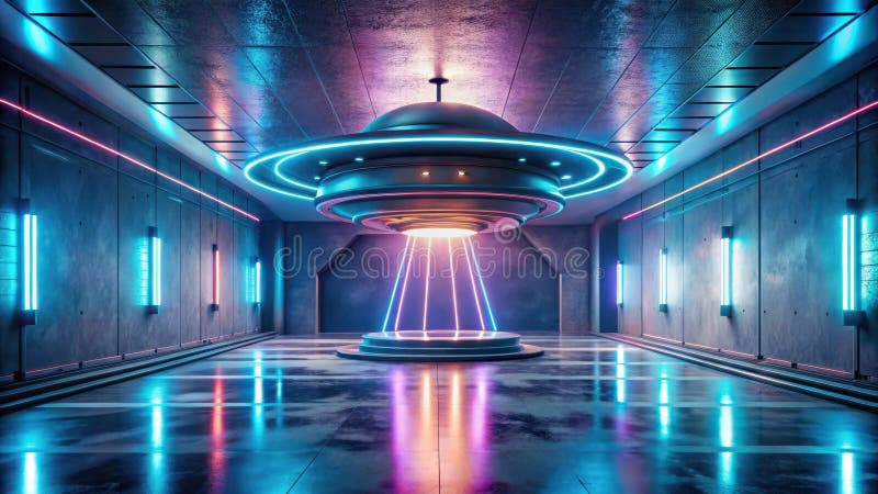 Futuristische unterirdische Hangar mit aufgehängtem gestörtem Objekt und zentraler Plattform, ideal für Produktpräsentationen oder stock abbildung