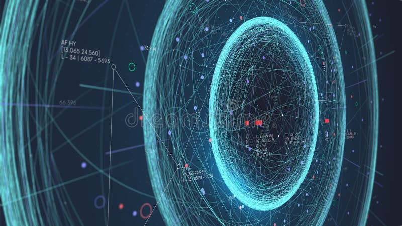 Futuristische Verkettung von Informationslinien in die Formen der Datenbankvisualisierung der Computerverarbeitung digitaler Wolke. Futuristische Verkettung von Informationslinien in die Formen der Visualisierung von Datenbanken der Computerverarbeitung digitaler Wolken und Big Data Cyber Sphäre künstlicher Intelligenz Bildschirm in Perspektive