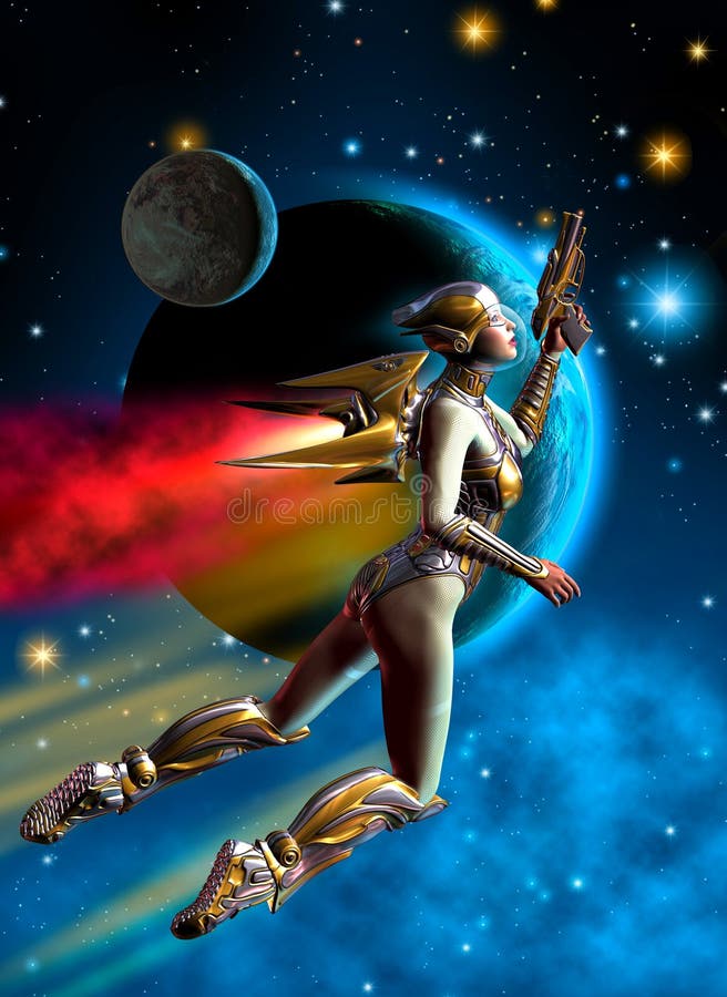 Futuristische vrouwenmilitair die in de kosmische ruimte, in de achtergrondsterren, de planeten, de nevel en de asteroïden, 3d il royalty-vrije illustratie Futuristische vrouwenmilitair die in de kosmische ruimte, in de achtergrondsterren, de planeten, de nevel en de asteroïden, 3d il royalty-vrije illustratie