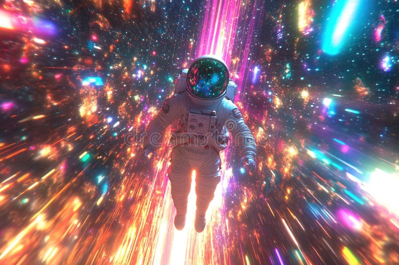 Futuristischer Astronaut inmitten eines dynamischen kosmischen Nebulas für Scifi-Themen stockfoto