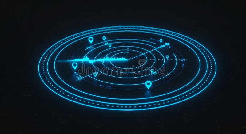 Futuristischer Blue Radar Bildschirm mit Location Pins und Waveform stock abbildung