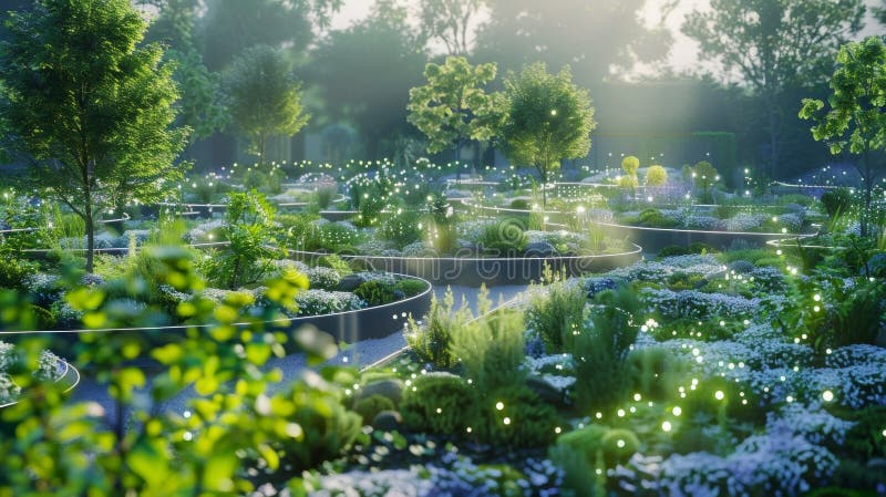 Futuristischer Garten, beleuchtet durch glühende Lichter im Morgengrauen lizenzfreies stockfoto