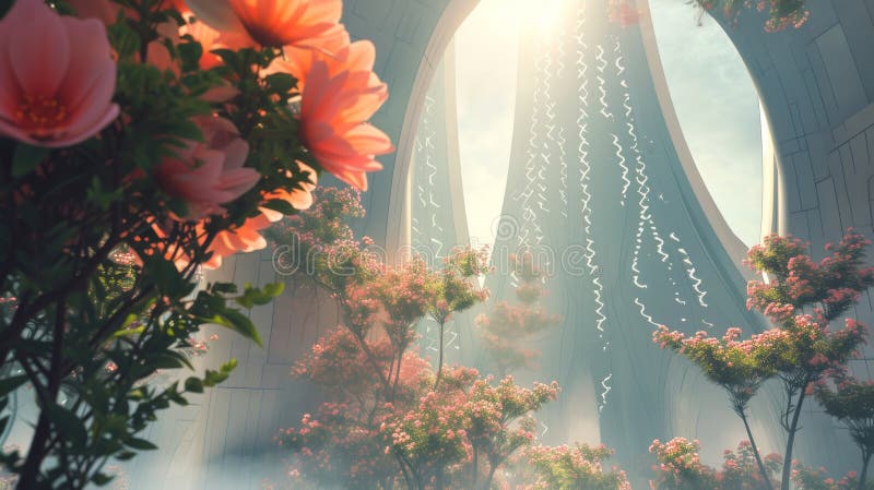 Futuristischer Garten mit blühenden Blumen und Sonnenlicht stockfoto