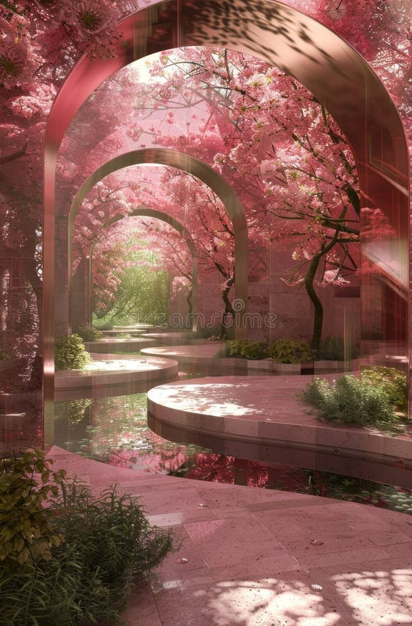 Futuristischer Garten mit kreisförmigen Podien und blühenden Kirschblumen unter gewölbten Alleen stockbilder