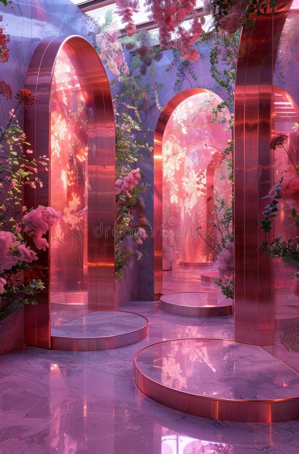 Futuristischer Garten mit leuchtenden Bögen und kreisförmigen Podien in ruhiger rosa Atmosphäre lizenzfreies stockfoto