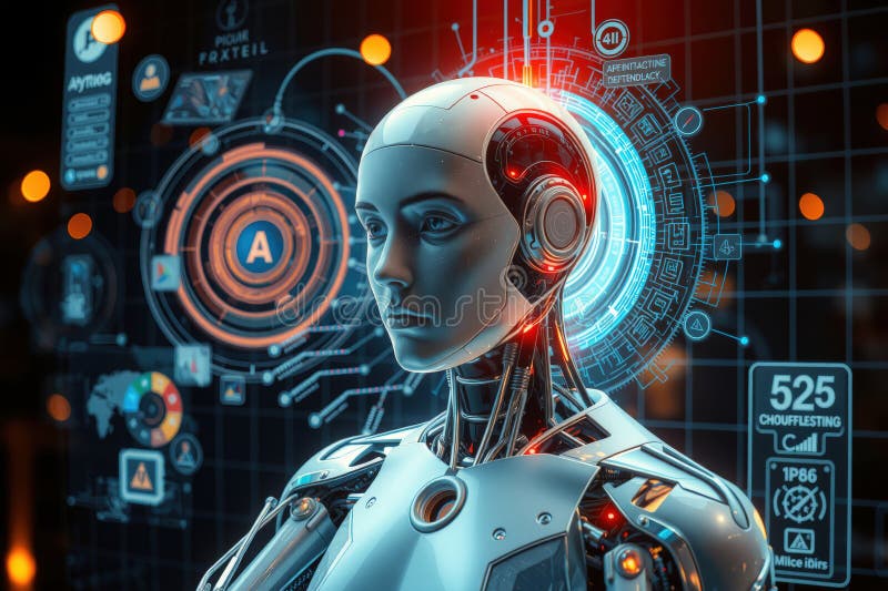 Futuristischer humanoider Roboter mit leuchtenden Elementen steht vor digitalem Interface-Hintergrund, der fortschrittliche Techno lizenzfreie stockfotografie