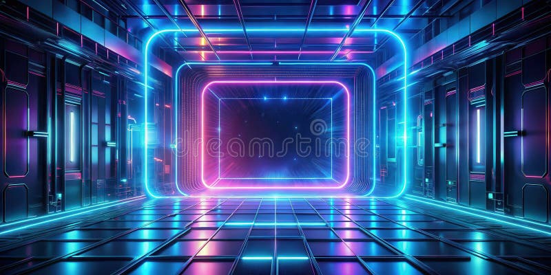 Futuristischer Korridor mit lebhaften Neonbeleuchtung und glühendem Portal am Ende, das eine dynamische und dynamische Atmosphäre vektor abbildung