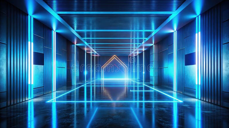 Futuristischer Korridor mit lebhafter Neonbeleuchtung und reflektierendem Boden mit geometrischen Mustern. stock abbildung